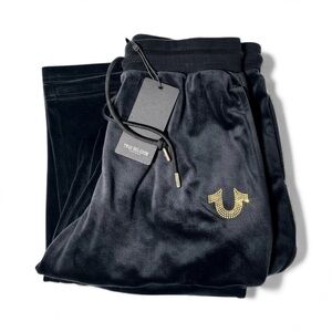 True Religion Velour Straight Leg Pants Black Gold Rhinestone Logo NWT Size S